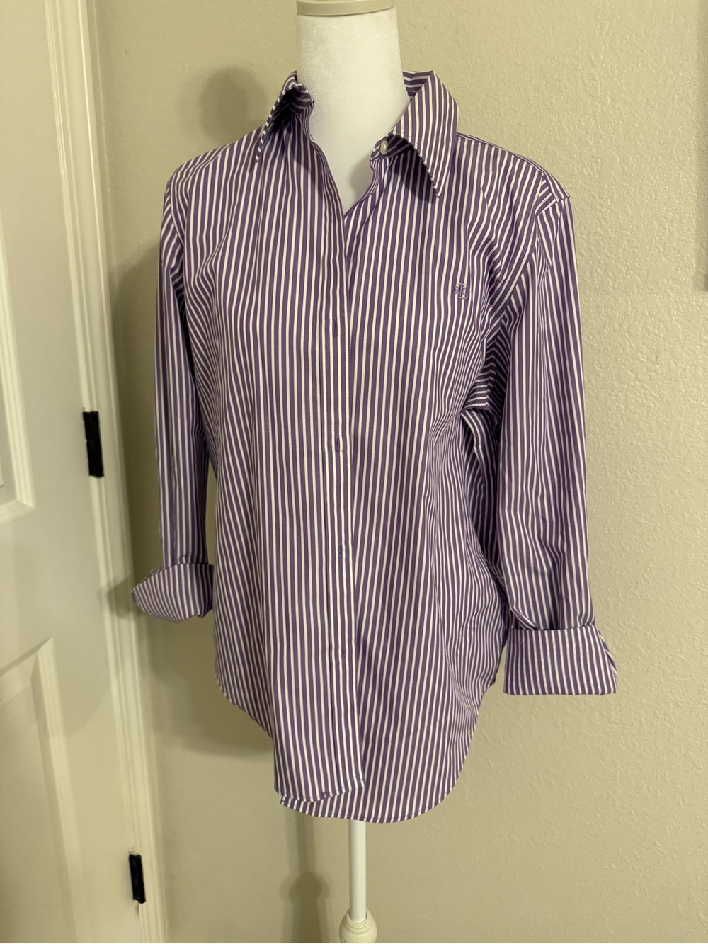 Ralph Lauren Purple and White Striped Button-Front Long Sleeve Shirt